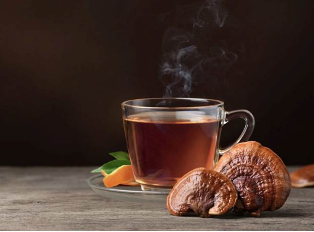 Reishi mushroom tea prepared from dried slices